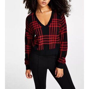 Bar III Sweater Womens XL Black Red Plaid Cropped V Neck Relaxed Fit Academia